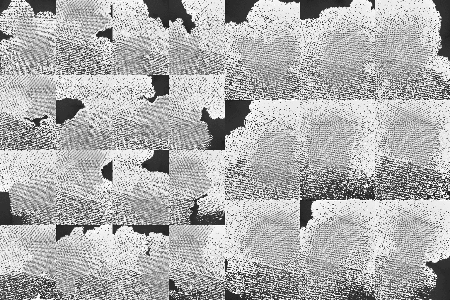Imperfect restorations of the same picture. Each restoration has limited information and a limited ability to reassemble the pixels correctly.
This is a re-utilisation of a pixel-sorting algorithm I made a few years ago. The combination of applying it on a relatively simple image and doing it multiple times makes the workings of the algorithm more apparent. The attached video shows how the algorithm works, repeatedly swapping pixels to recreate the original image.