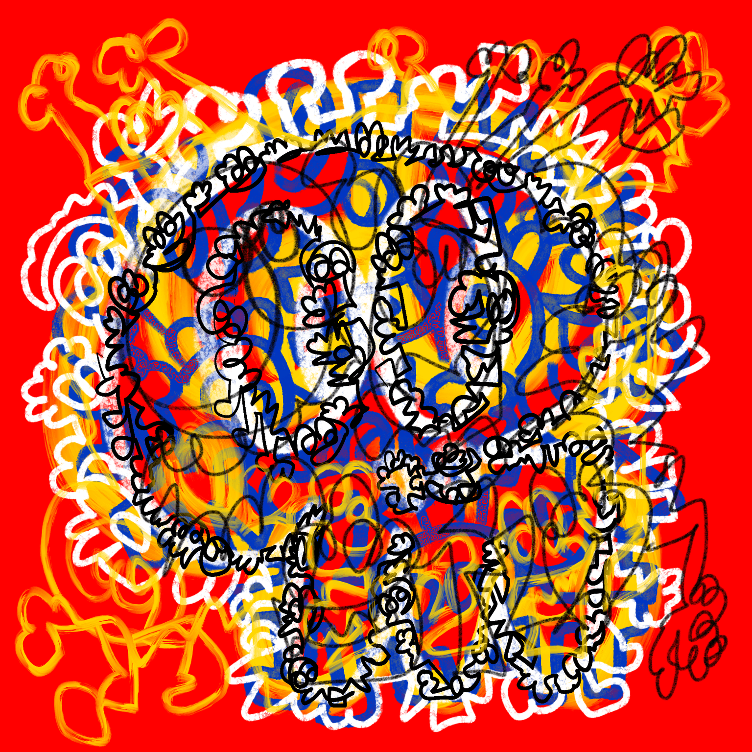A digital artwork by Mr Doodle as part of a continuation of his Abstract Doodlism series. Which features layers of loose doodles on top of one and other in a way that creates a feeling of colourful graffiti like lines building raw, vibrant images.