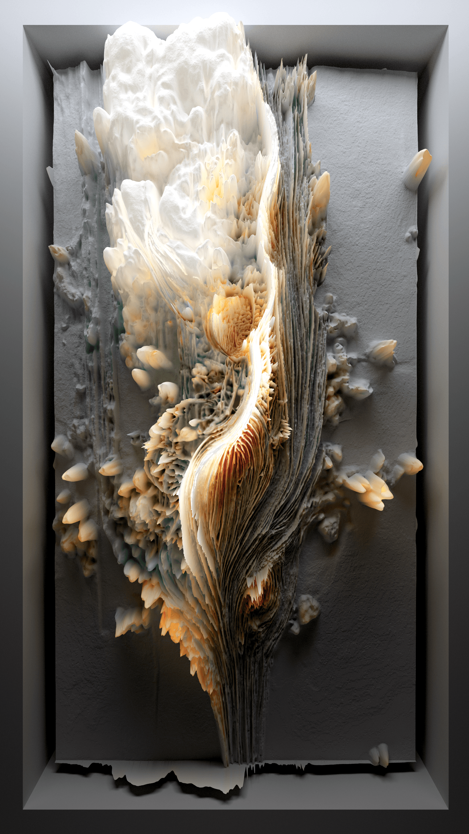 Latent Floral A is a multi-dimensional AI Data Painting that transforms a fragment of the world's natural phenomena into a visual poem for Metaverse. Utilizing a raw dataset of 100 million flower images to train a generative adversarial network (GAN), the NFT artwork reveals the latent space in which a machine "dreams” of flowers after learning what a flower is – its colors, patterns, and shapes that exist in its synthetic memories. Anadol's pioneering take on painting with data takes the form of a celebration of the latent sensations that floral patterns and colors induce and gives an abstract "shapelessness” to pigments. The result is a mesmerizing visualization of an alternative natural world that evokes themes of transformation and innovation at the intersection of art, nature, and technology.