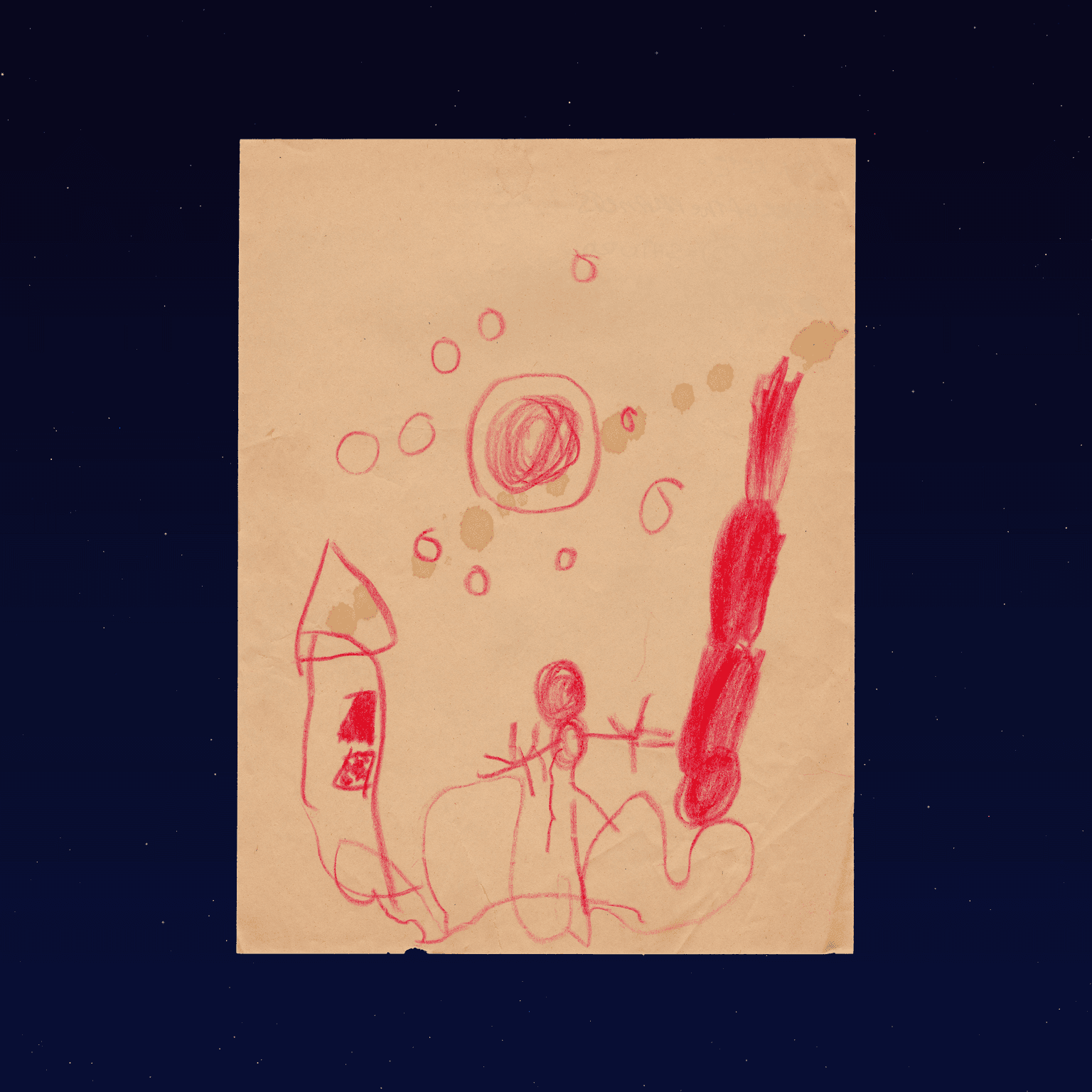 Crayon and code are united after four decades in a collaboration with the self. Artist Matt Kane has become well known for using time and change as artistic mediums. Additionally, Kane has referenced space and the cosmos in several series including his 2021 magnum opus, Gazers, a generative lunar phase calendar released on Art Blocks in 2021. In fact, Kane's very first NFTs in 2019 were depictions of the M87 Black Hole. The subject of 'Proof of Origin' is a red crayon drawing that the artist made when he was just 4 years old, which he titled at the time 'Picture of the Planets.' 38 years later, as a cryptoartist, Kane reminds us ""don't trust, verify. I've explained how my interest in the cosmos extends back as long as I can remember. This drawing is proof of my early passion and to my estimate, my very first visual expression of outer space. My father remembers the drawing hanging on our refrigerator for a very long time. That's probably where the stains came from. He and my mother were both very happy to see it again.

Each NFT has a unique set of stars which are deterministically generated according to an NFT's minting transaction hash. The sky is made up of one star for every month that has passed since the original drawing was made on March 1st, 1985. The work begins with 454 stars. A new star is added to shine brightly at the top of each new month.

In addition to archiving and responsively presenting the original crayon drawing, the work also serves as a 24 hour clock. Each hour is represented by a different color from the 24 pack of crayons Kane would have drawn from in 1985. "I've traded black and gray for 'Cornflower Blue' and 'Sea Green' - my favorite colors from the larger packs of crayons. I remember trading these with my kindergarten class's box of 64. I'm pretty sure I got in trouble for that." The sky fades according to the minutes that have passed, appearing darkest at the top of each hour.

Clicking on the left and right edge of the screen or pressing the spacebar changes the viewing mode of the artwork. Viewers are encouraged to reflect on their own memories of interacting with the night sky, especially at an early age.